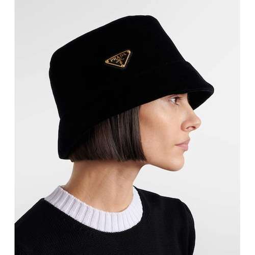 1h可退 香港直邮Prada 普拉达 女士 棉天鹅绒渔夫帽 black黑色 舒 - 图0