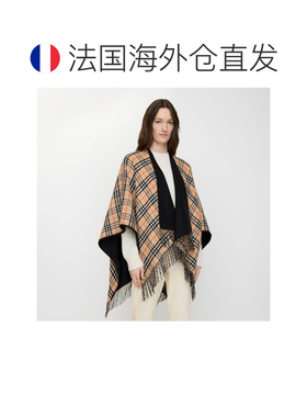 自营欧洲直邮Burberry博柏利 Check女士黑色/米色羊毛可翻转斗篷