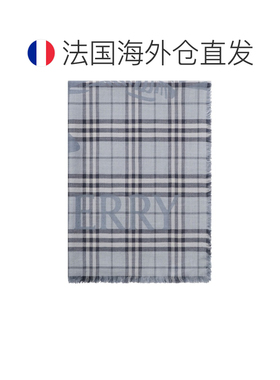 自营欧洲直邮Burberry博柏利 女士蓝色格纹羊毛真丝宽围巾配饰