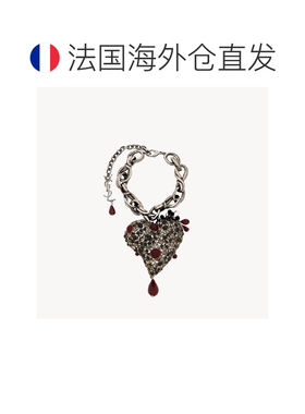自营欧洲直邮YSL圣罗兰 女士黑色/红色水晶心形吊坠金属树脂项链