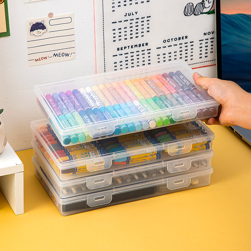 透明彩铅油画棒蜡笔收纳盒塑料带盖文具整理盒水彩笔马克笔储物盒 - 图3