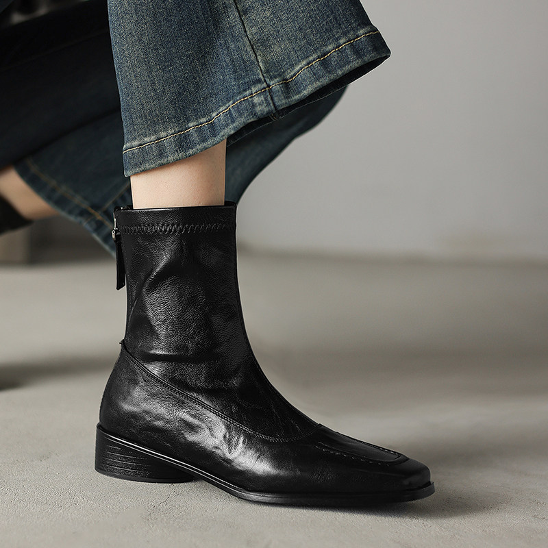 头层羊皮后拉链低跟小方头短靴女2025秋冬新款简约复古弹力瘦瘦靴,淘宝优惠券,粉丝福利购,淘宝优惠卷