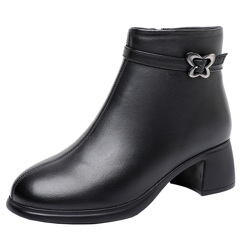 羊皮短靴女秋冬新款真皮黑色粗跟软底百搭舒适时装靴中年妈妈棉鞋,淘宝优惠券,粉丝福利购,淘宝优惠卷