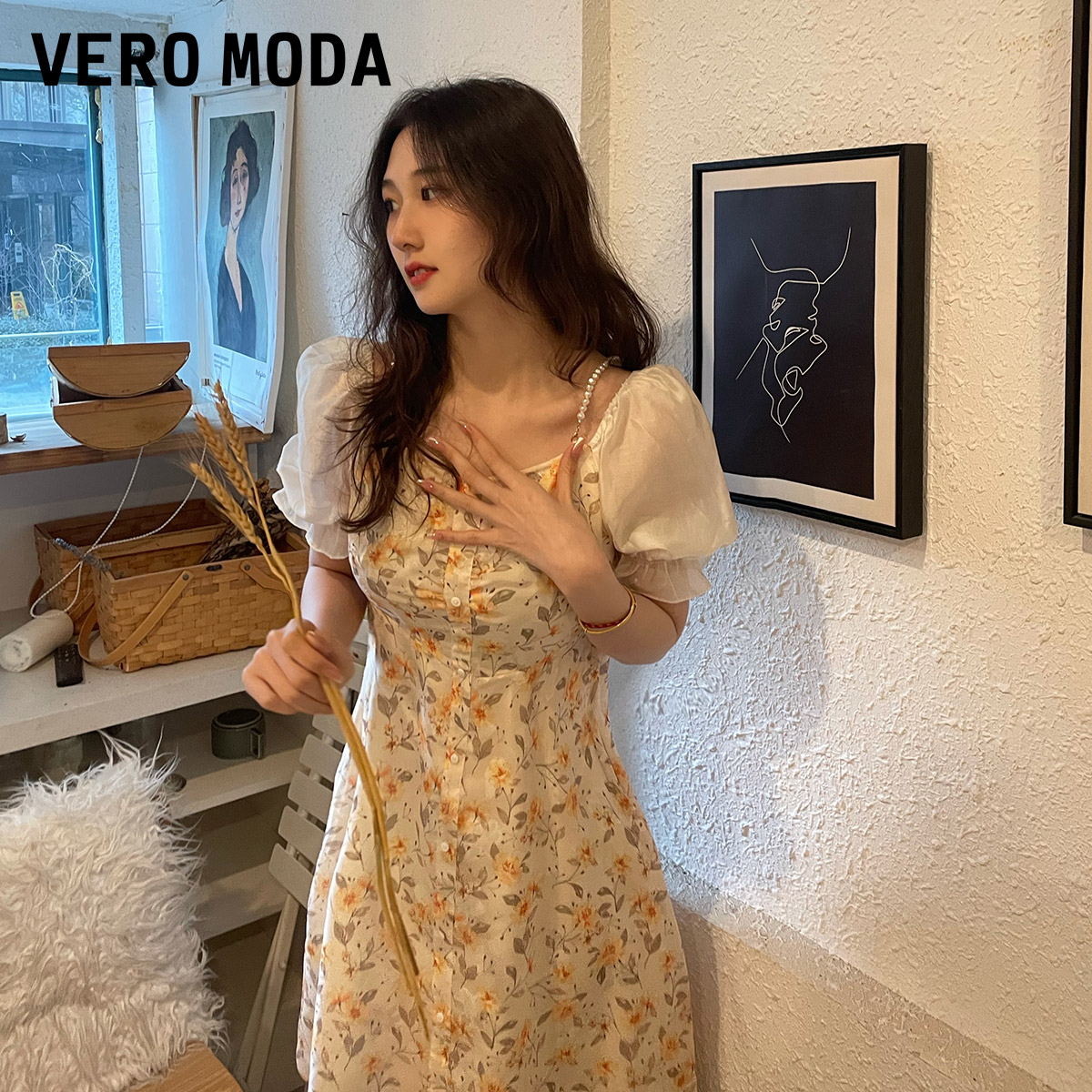 Vero Moda奥莱夏季清仓甜美温柔碎花泡泡袖A摆显瘦气质连衣裙子