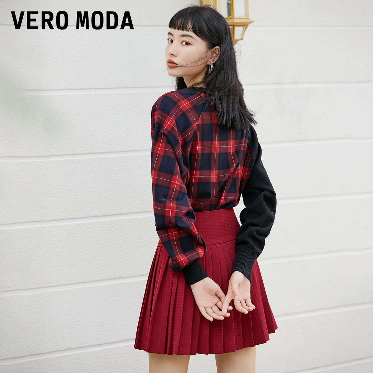 Vero Moda奥莱冬季清仓女团BM风中腰格纹A字百褶短款半身裙