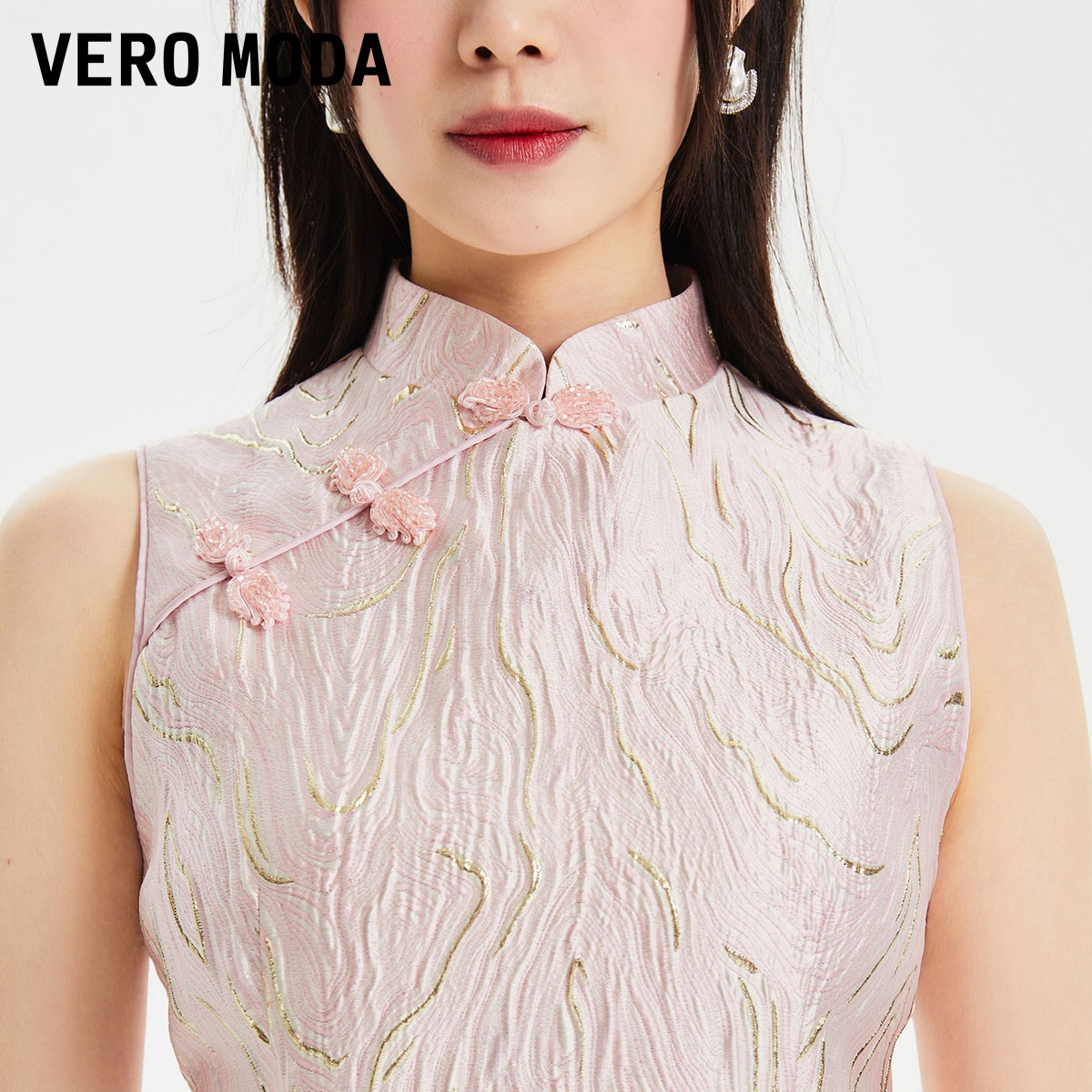 Vero Moda连衣裙夏季清仓肌理感短裙收腰无袖立领新中式改良旗袍