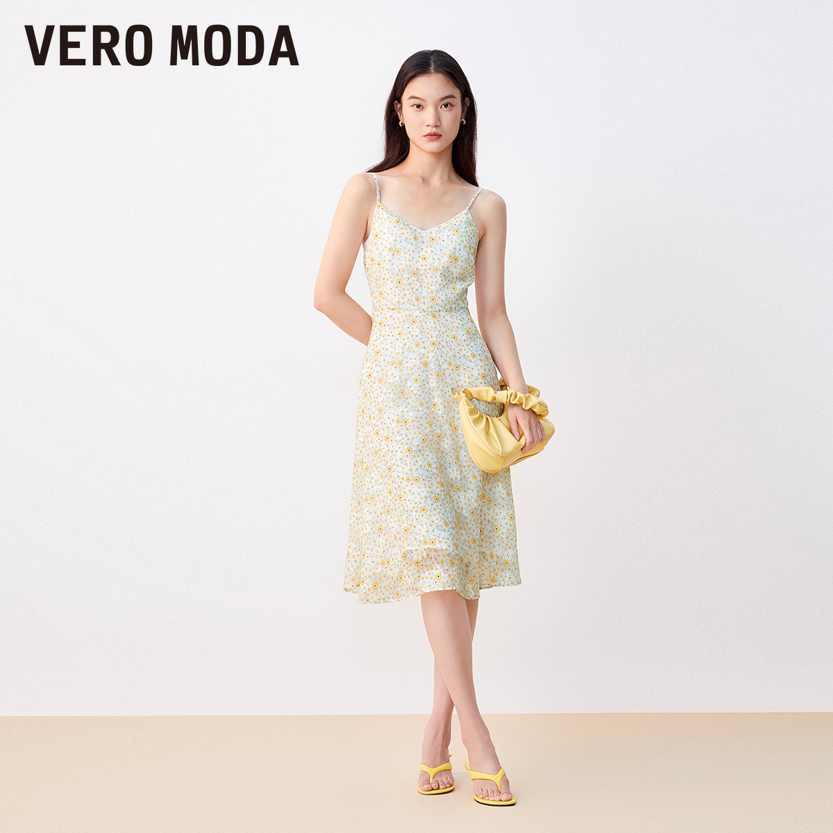 Vero Moda奥莱连衣裙子夏季新款甜美碎花纹理浪漫度假吊带裙女