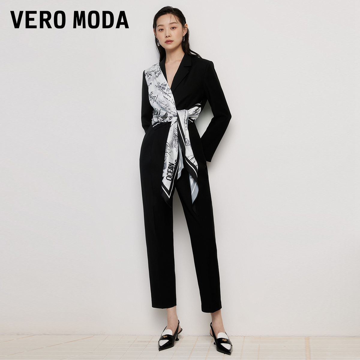 Vero Moda奥莱连体裤女夏季新款通勤优雅气质西装九分裤丝巾装饰 - 图0