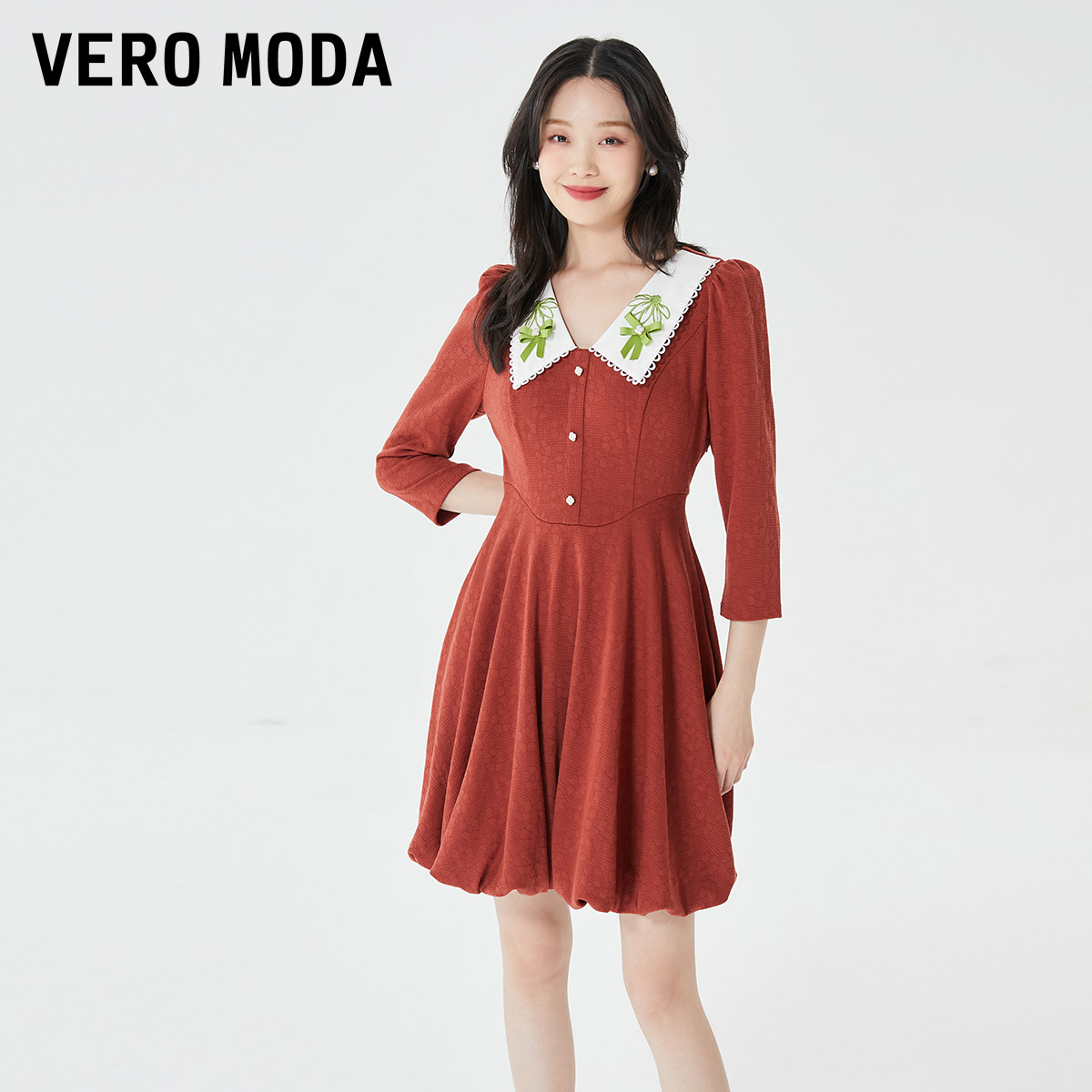 Vero Moda奥莱连衣裙子夏季新款法式优雅收腰花边娃娃领花苞裙女