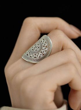 小众女指环调节999花纹足银宽面