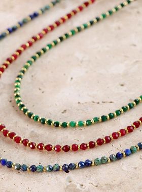 项链韩国手工红宝石设计叠祖母绿链串珠夏玉真石小众极细24戴锁骨