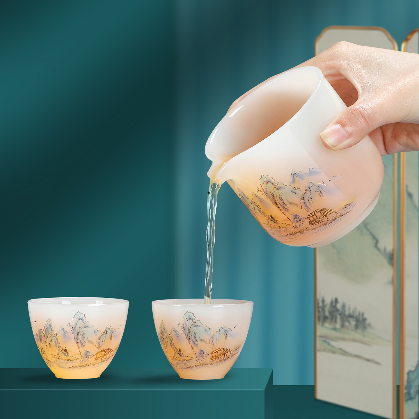 Jade porcelain travel tea set portable outdoor camping quick cup tea set one pot three cups storage bag
