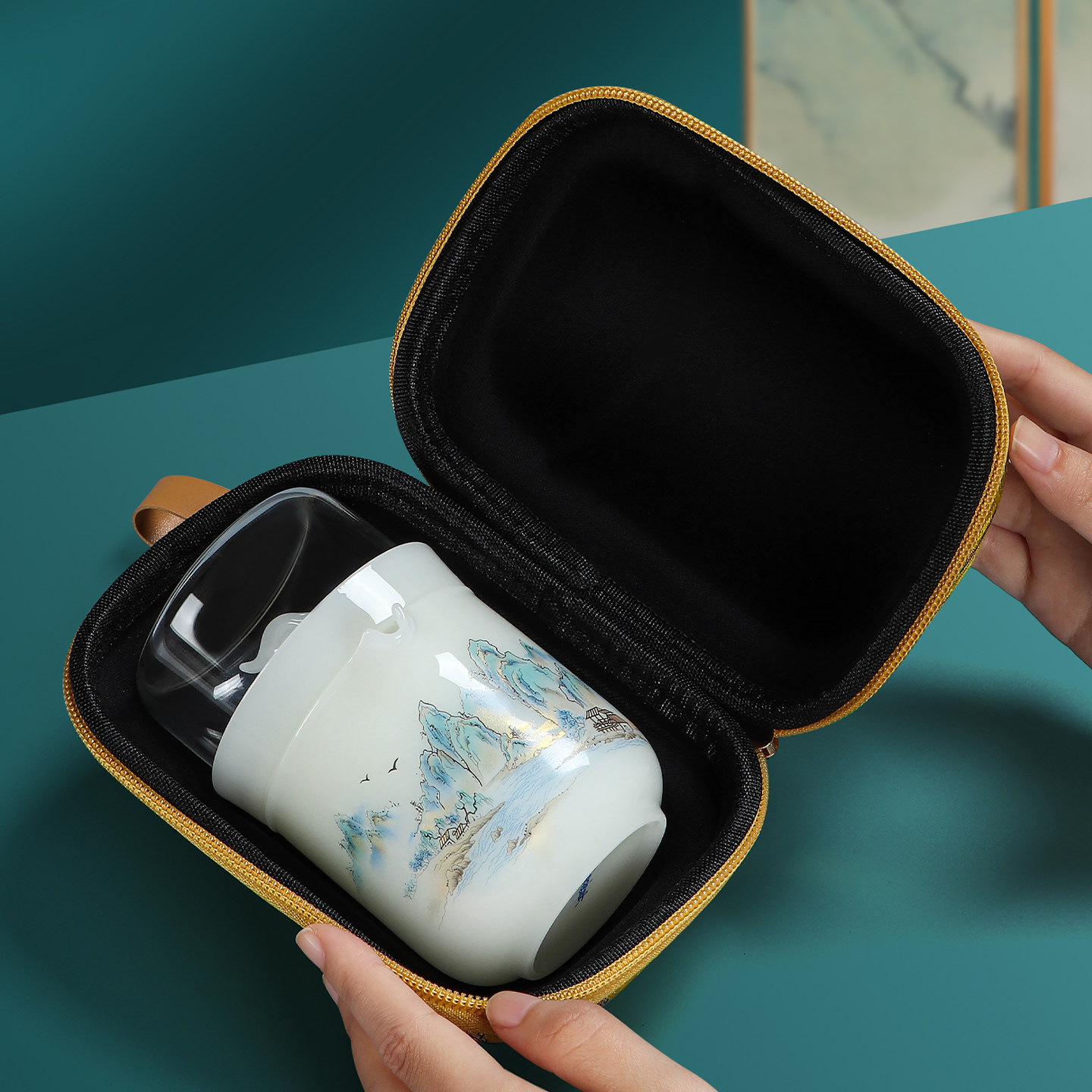 Jade porcelain travel tea set portable outdoor camping quick cup tea set one pot three cups storage bag