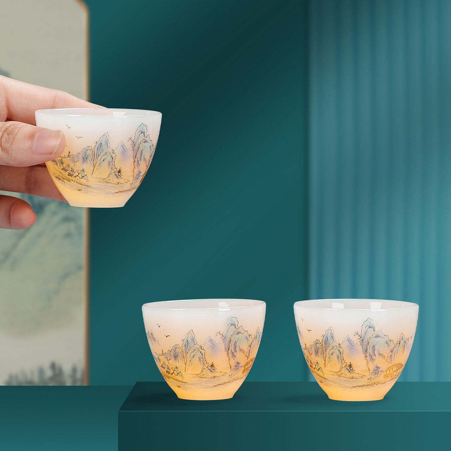 Jade porcelain travel tea set portable outdoor camping quick cup tea set one pot three cups storage bag