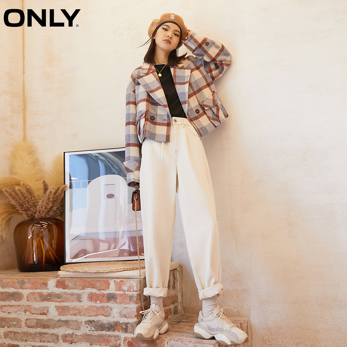 only冬季新款格纹翻领短款潮流毛呢 ONLYoutlets店毛呢外套