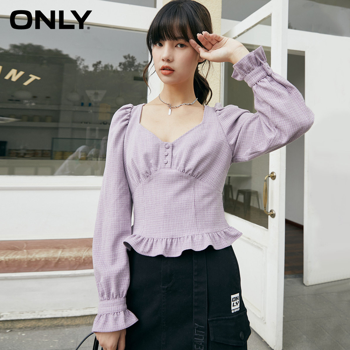 only奥莱春季复古长袖设计版型衬衫 ONLYoutlets店蕾丝衫/雪纺衫