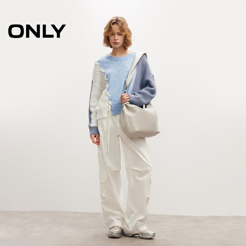 【ONLY奥莱】春夏宽松针织廓形拼接落肩经典简约百搭圆领毛衣女 - 图0