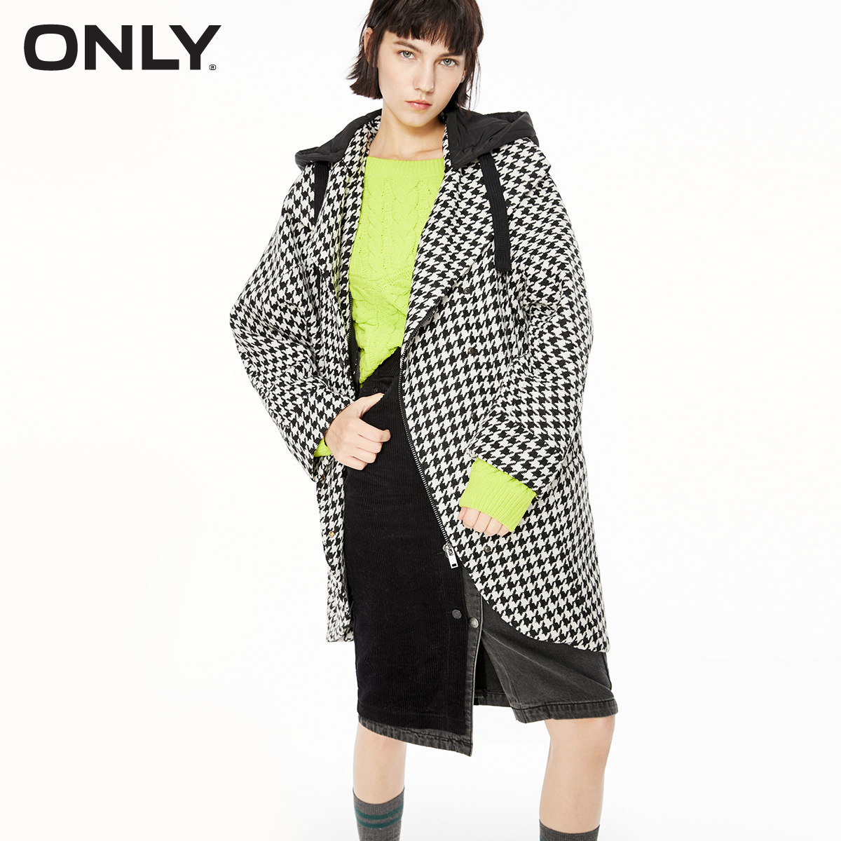 only奥莱复古千鸟格中长款毛呢大衣 ONLYoutlets店毛呢外套
