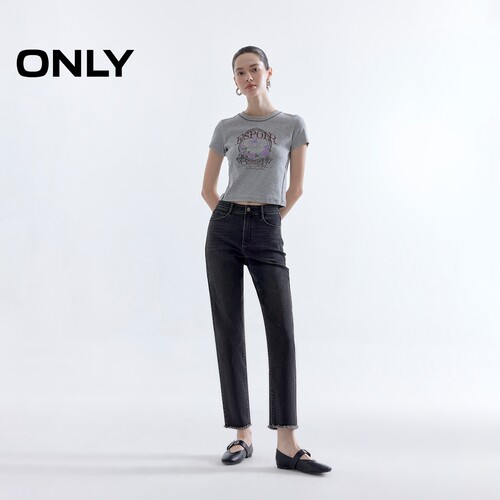 【ONLY奥莱】春夏脚口毛边高腰弹力修身显瘦九分直筒裤牛仔裤女 - 图0