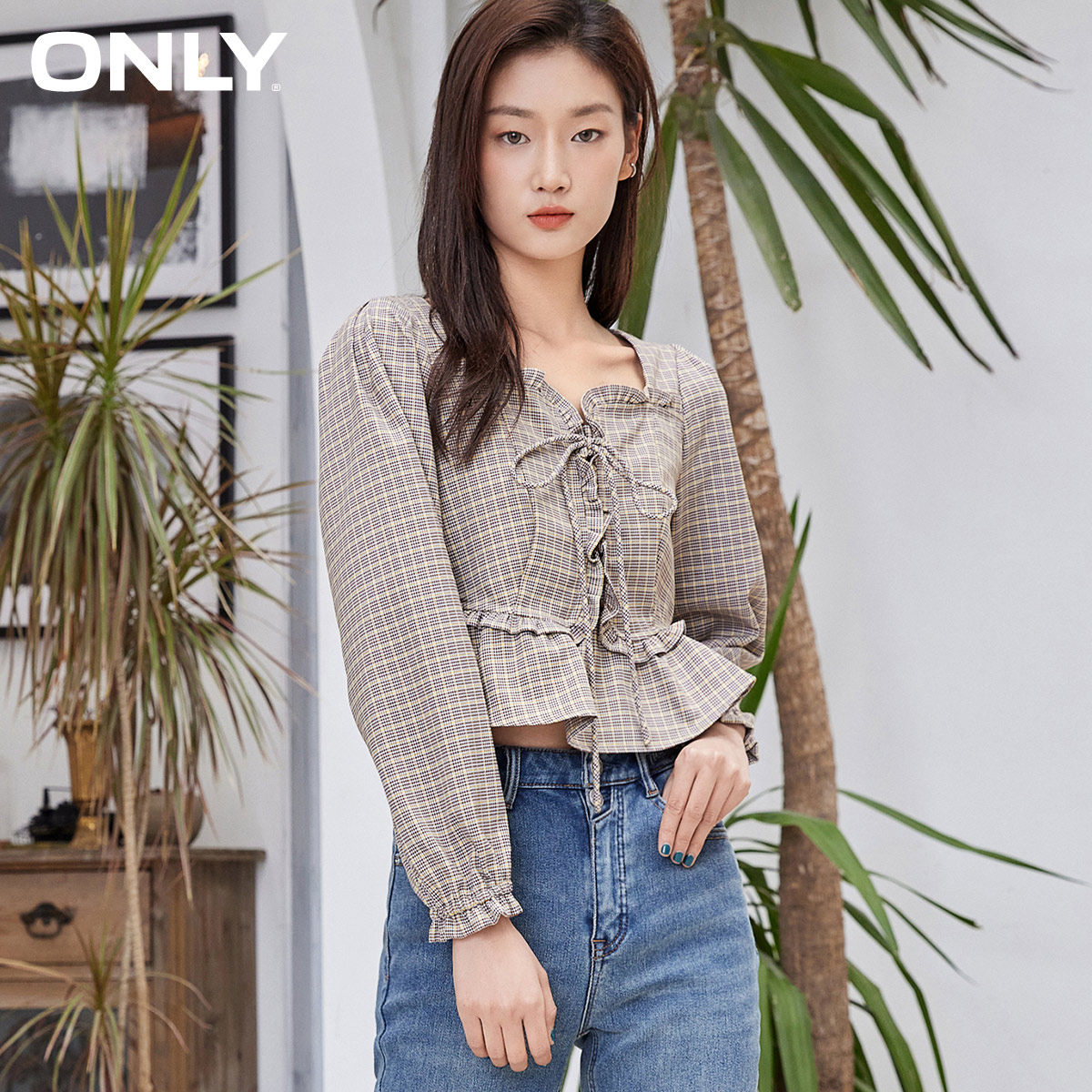 only奥莱春季长袖短款格子修身衬衫 ONLYoutlets店T恤