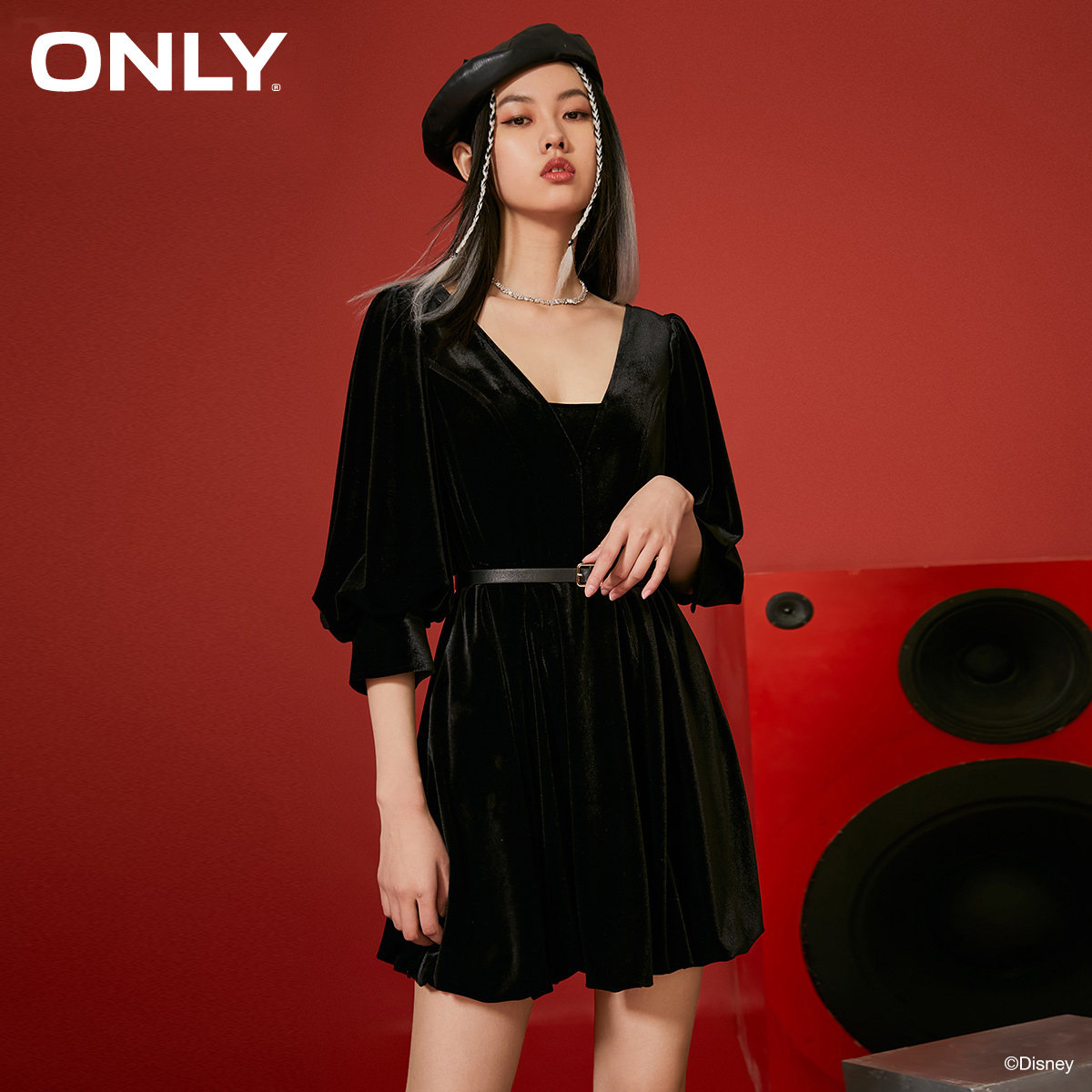 only2021夏季新款灯笼袖红色连衣裙 ONLYoutlets店连衣裙