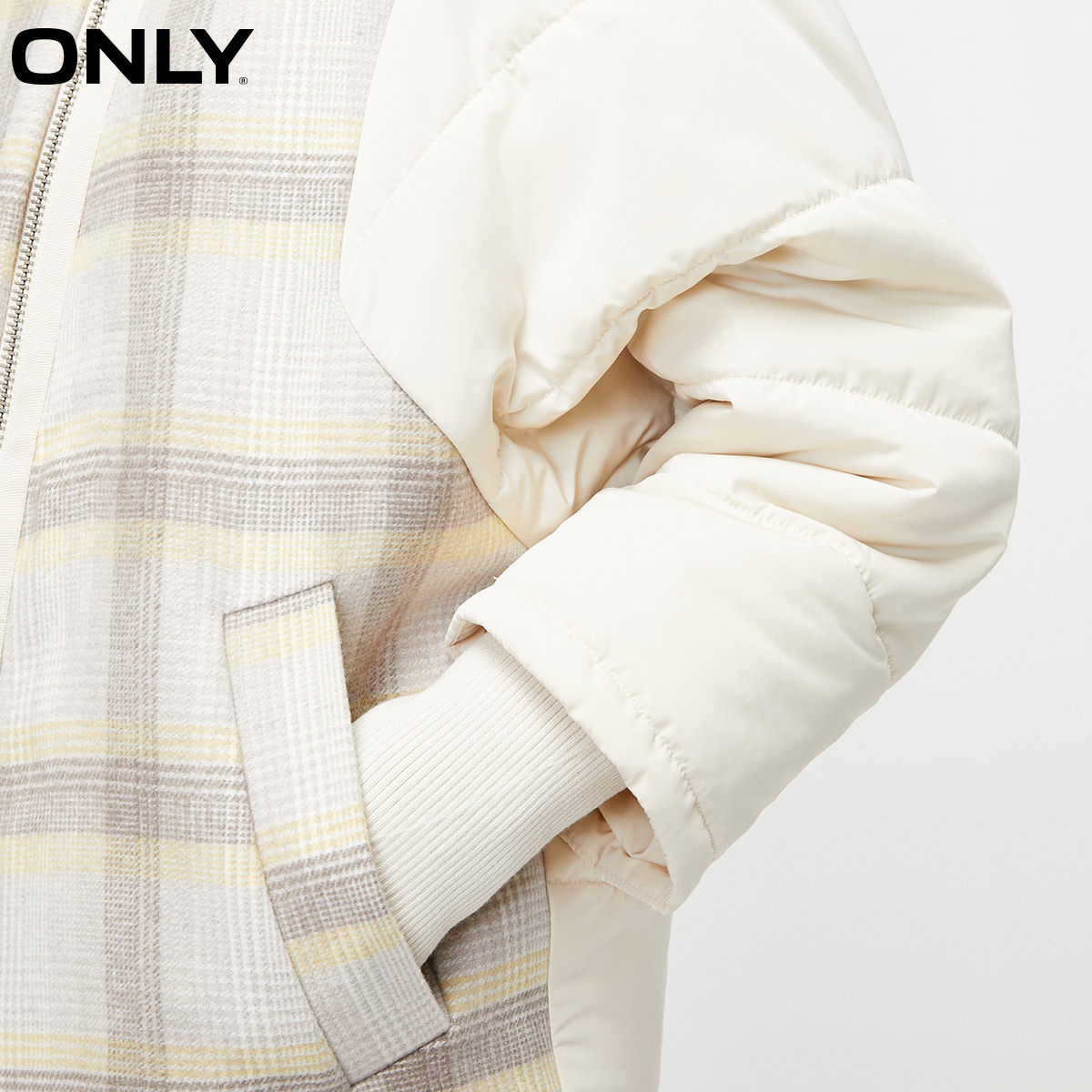 only夏季新款格子拼接蝙蝠袖棉服 ONLYoutlets店毛呢外套