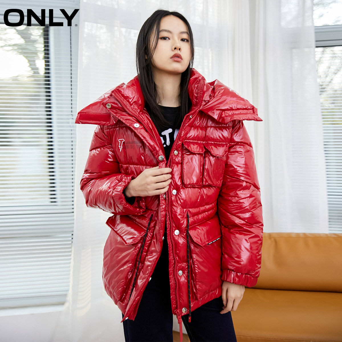 only奥莱秋季大口袋宽松亮面面包服 ONLYoutlets店棉衣/棉服