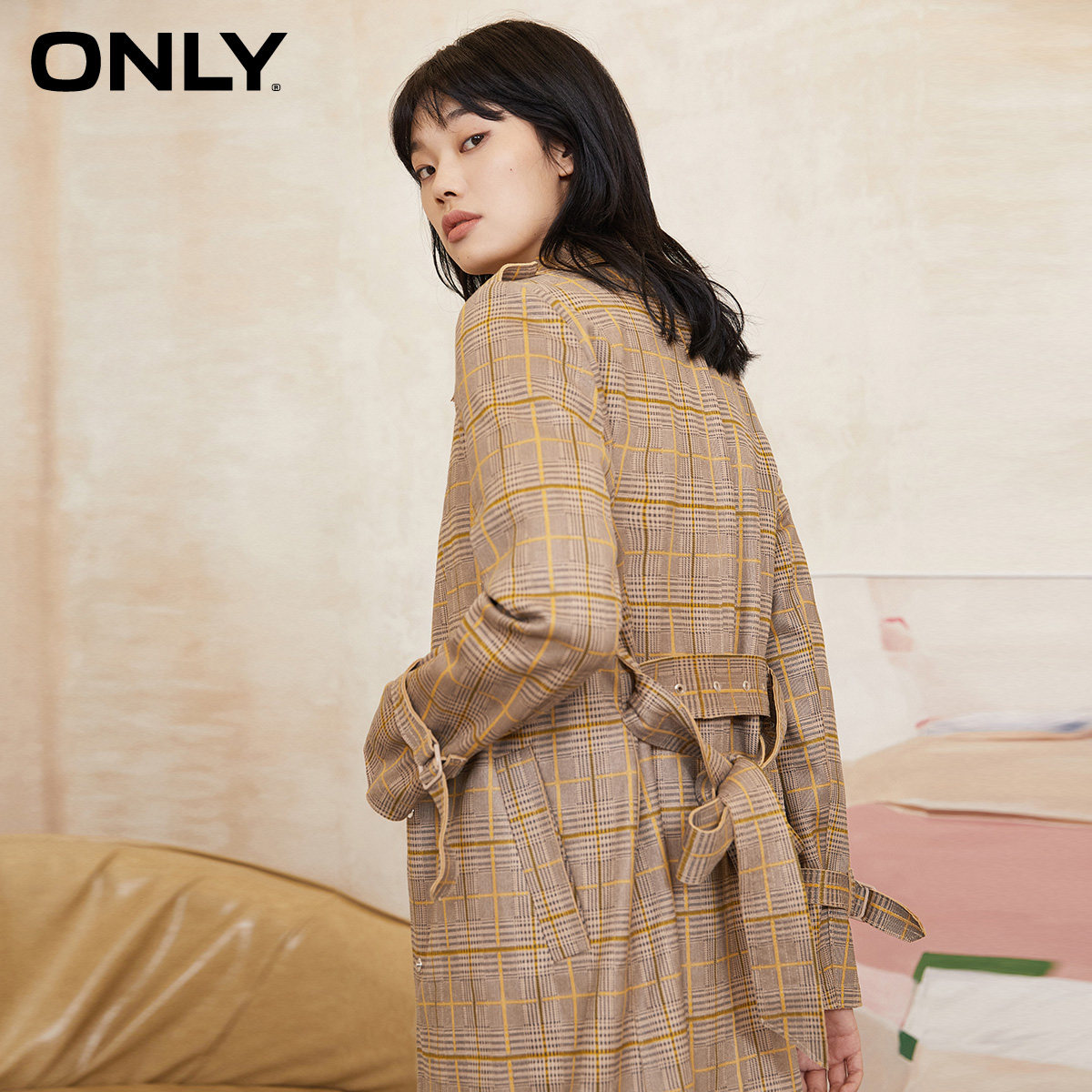 only2020气质英伦风中长款格子风衣 ONLYoutlets店风衣