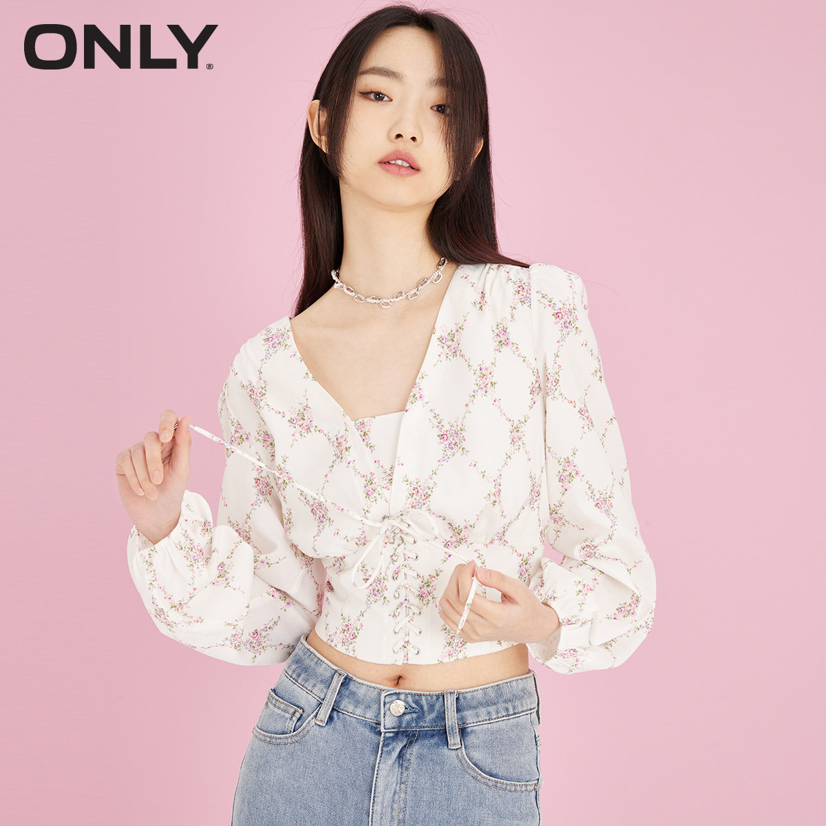 only奥莱春季新款短款修身雪纺衫 ONLYoutlets店蕾丝衫/雪纺衫