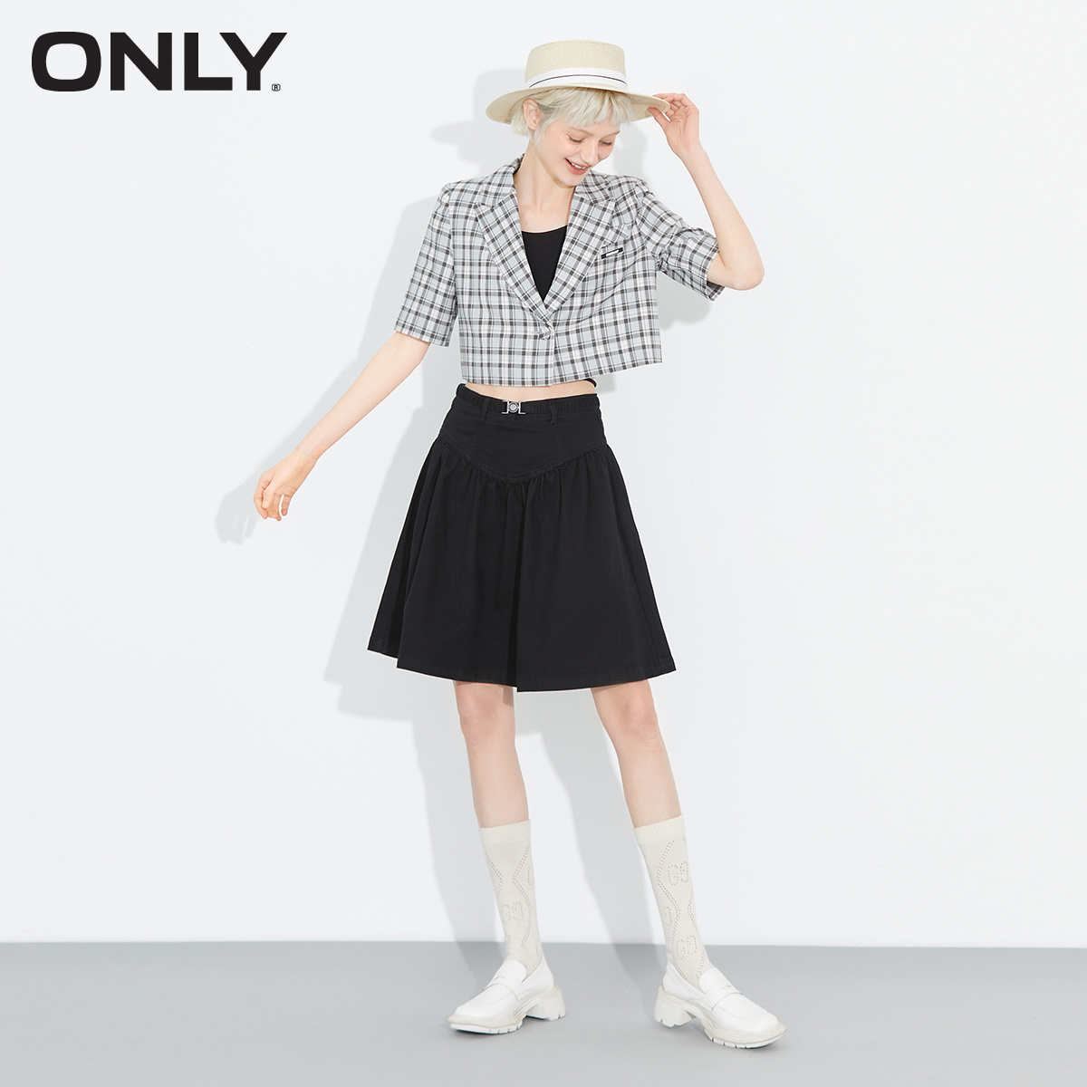 ONLY奥莱夏季时尚百搭短款格子短袖西服外套女