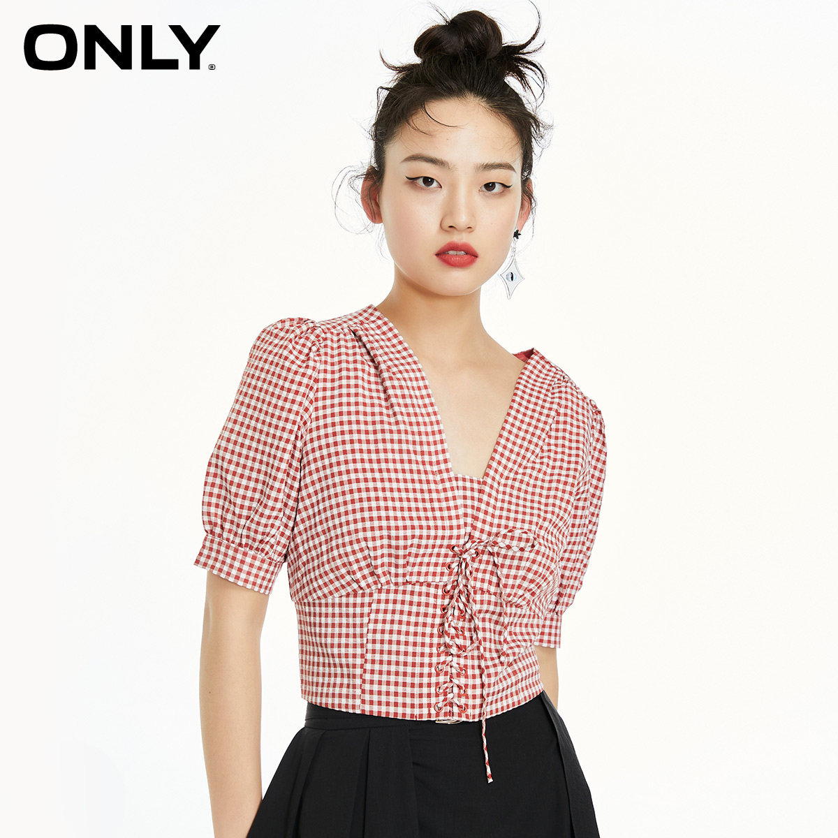 only奥莱春季新款泡泡袖系带雪纺衫 ONLYoutlets店蕾丝衫/雪纺衫