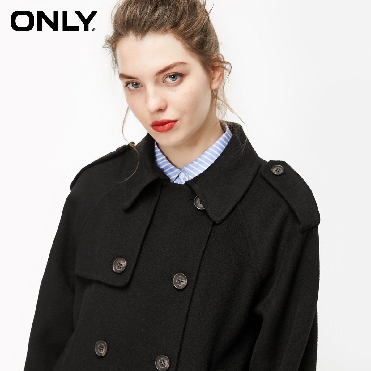 only奥莱冬季双面呢宽松短款双排扣 ONLYoutlets店毛呢外套