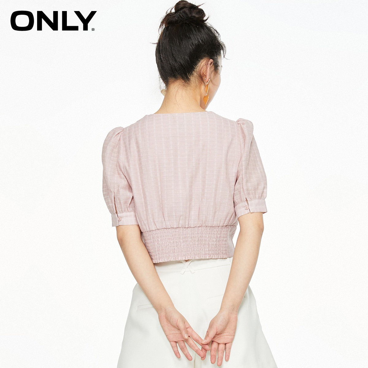 only奥莱春季新款泡泡袖系带雪纺衫 ONLYoutlets店蕾丝衫/雪纺衫