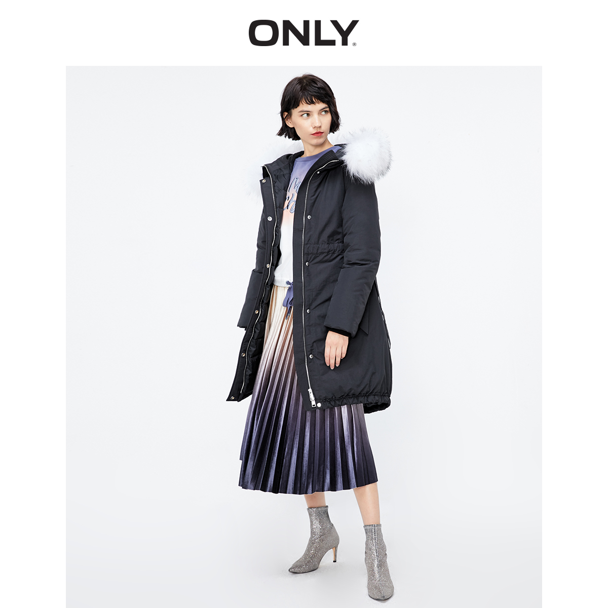 only冬季黑色收腰休闲毛领白鸭绒 ONLYoutlets店羽绒服