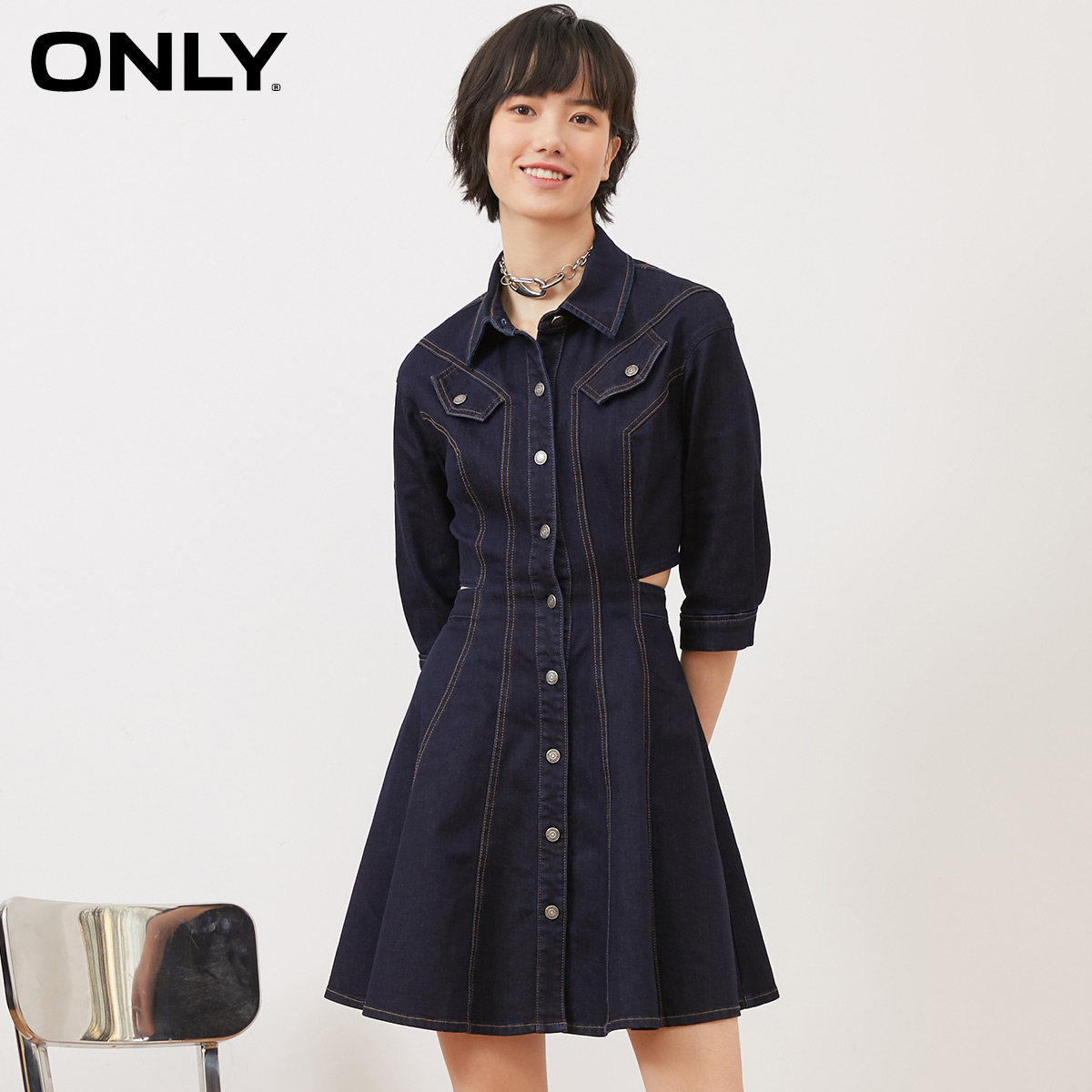 only春季高腰潮流纽扣显瘦连衣裙 ONLYoutlets店连衣裙