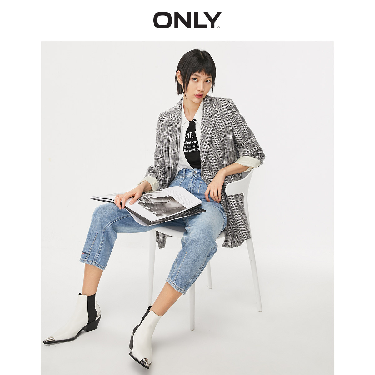 only奥莱中长款英伦风格子双排扣女 ONLYoutlets店西装