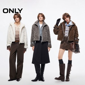 ONLY2025冬季新款宽松双向拉链底摆两侧抽绳毛绒拼接立领外套女
