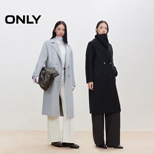 【ONLY奥莱】春款含绵羊毛双面呢外套翻领中长款纯色毛呢大衣女