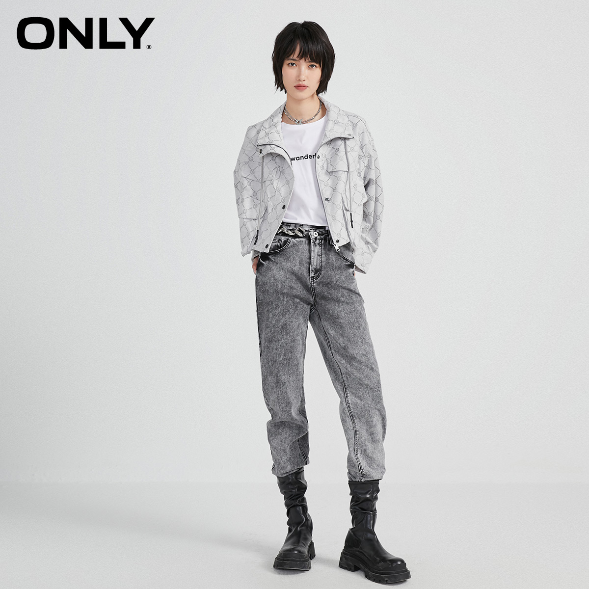 only2021冬季新款气质印花抽绳风衣 ONLYoutlets店短外套