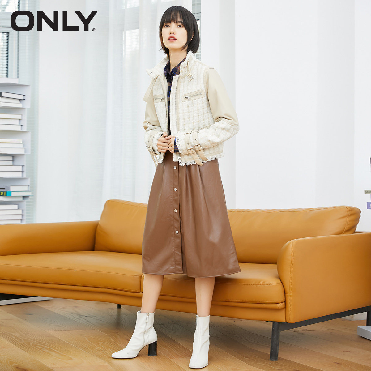 only2021冬季新款修身拼接短款夹克 ONLYoutlets店短外套