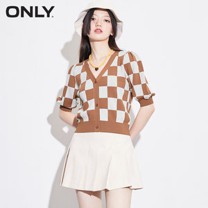 ONLY奥莱夏季甜美V领系扣棋盘格开衫短袖针织衫女