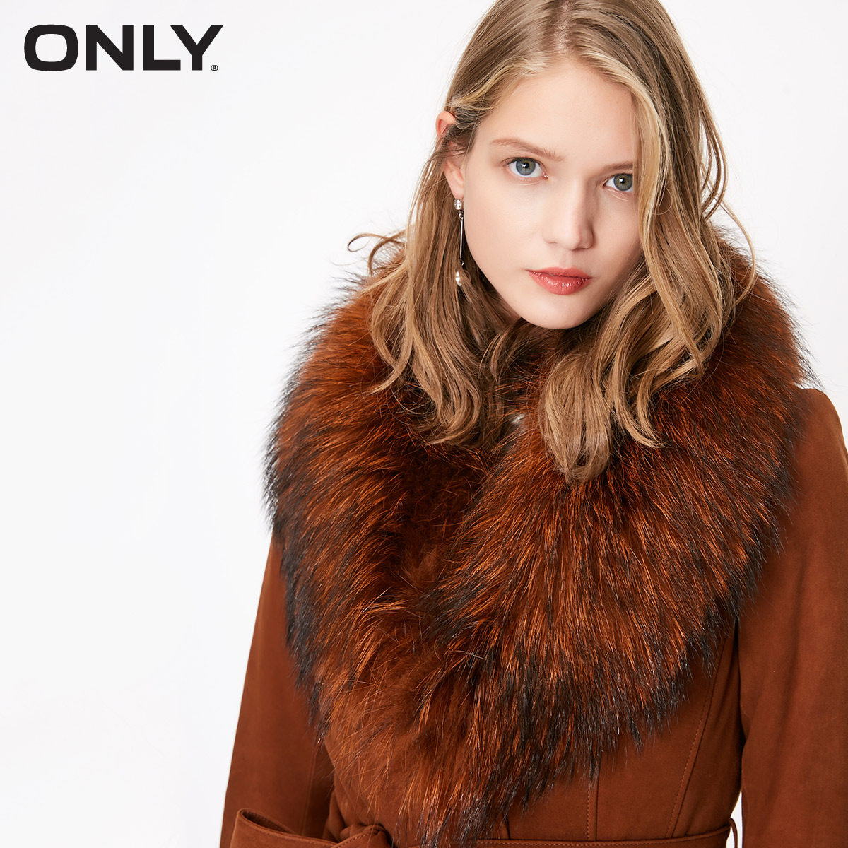 only新款毛领绒面腰带中长款女皮衣 ONLYoutlets店皮衣