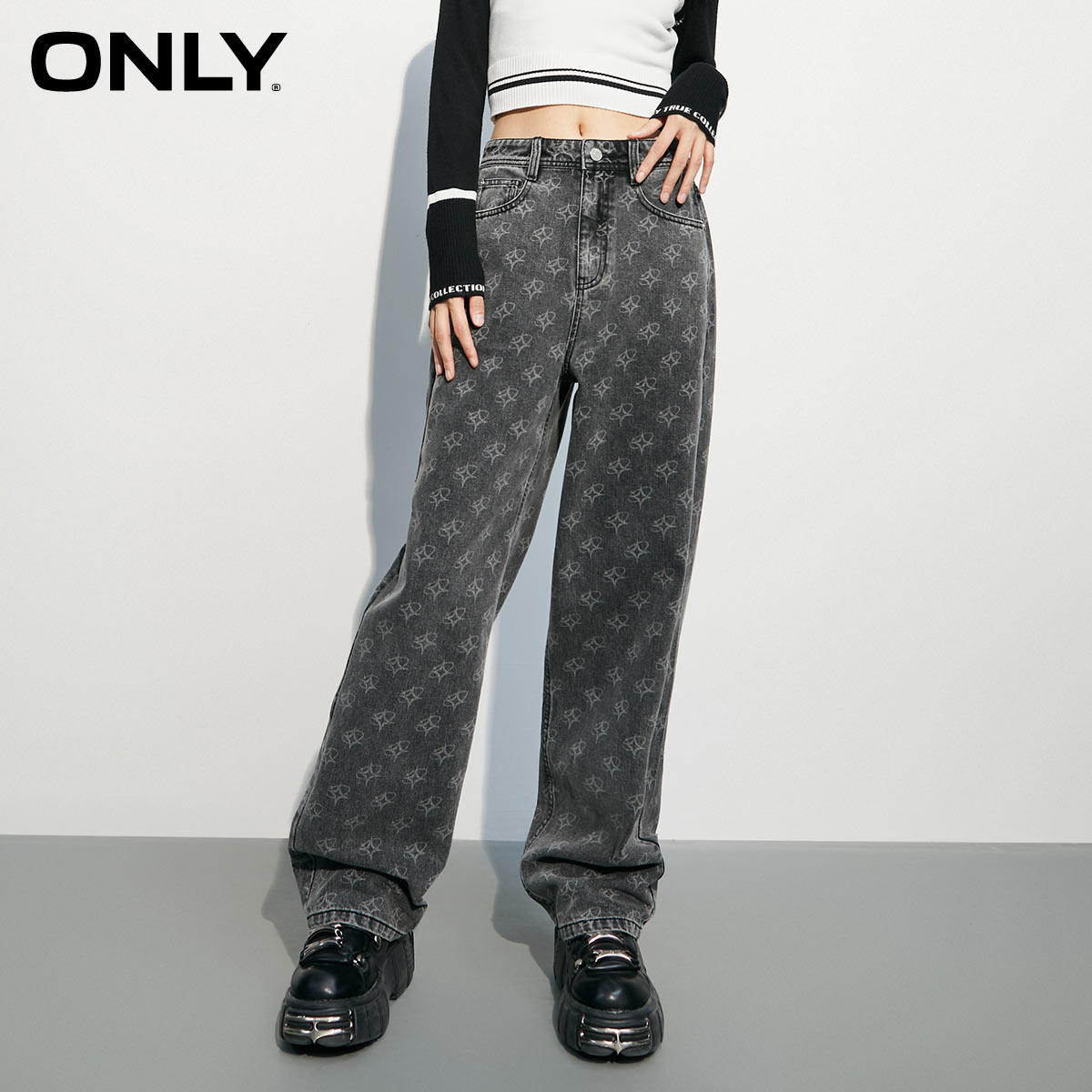 only奥莱春季新品休闲满印牛仔裤 ONLYoutlets店牛仔裤