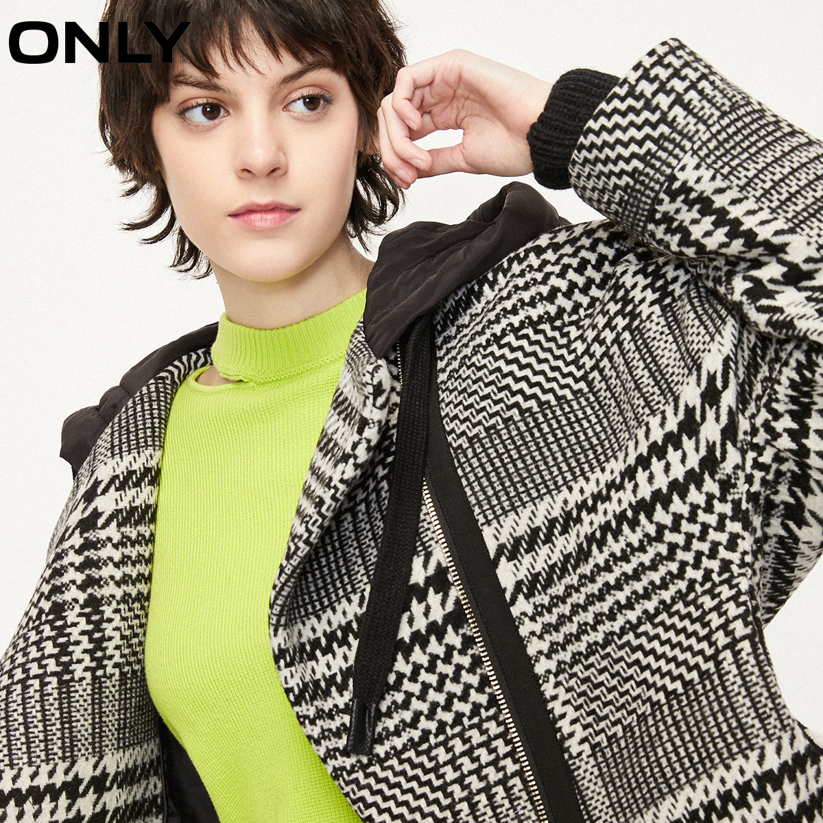 only奥莱秋季新款连帽千鸟格短款 ONLYoutlets店毛呢外套