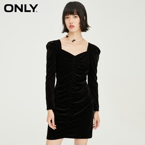 ONLY2021冬季新款复古丝绒方领修身小黑裙连衣裙女