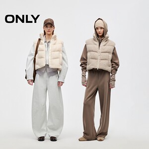 【ONLY奥莱】冬季新款鸭绒蓬松保暖毛绒抽绳立领短款马甲羽绒服女