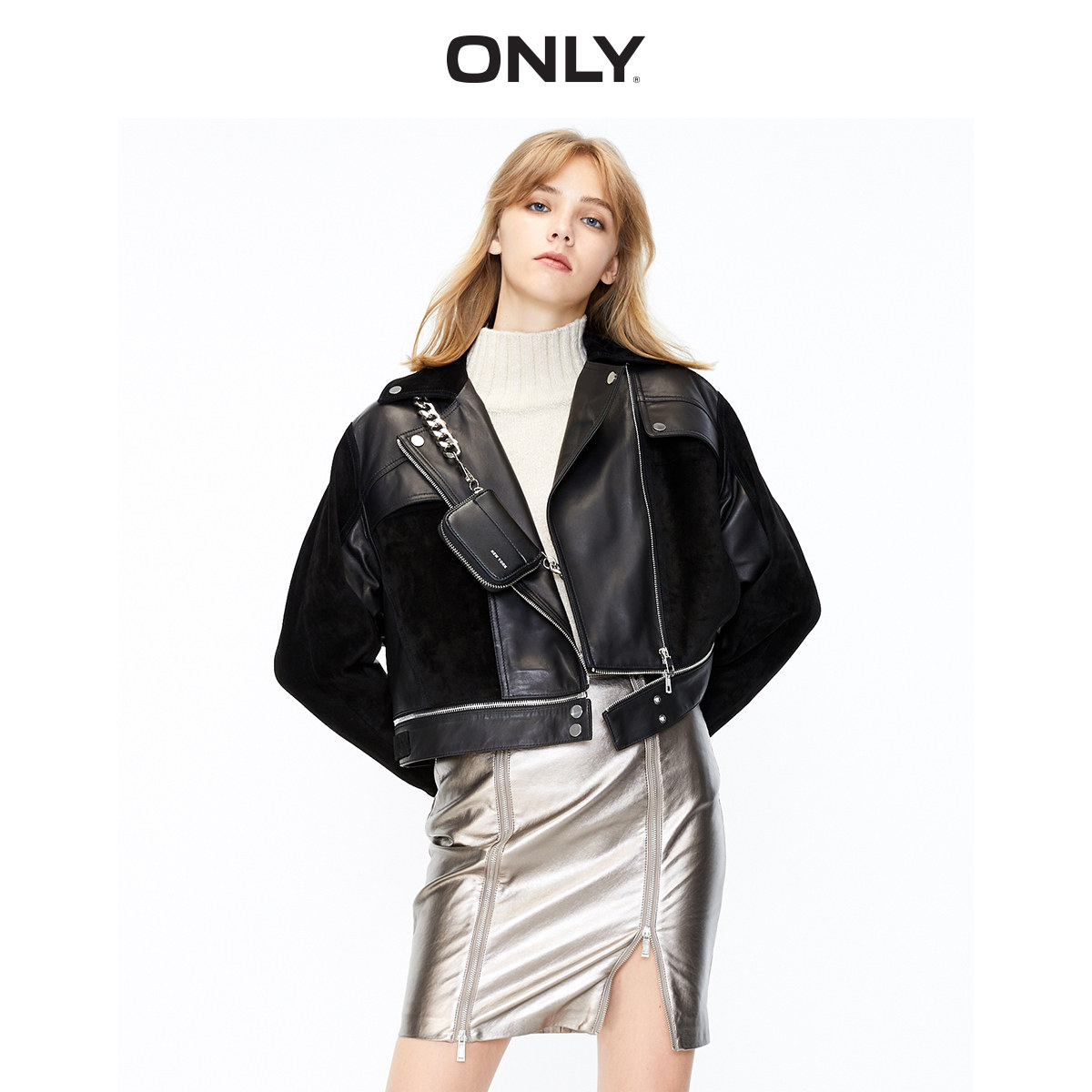 only奥莱冬季新款绒面拼接设计皮衣 ONLYoutlets店皮衣