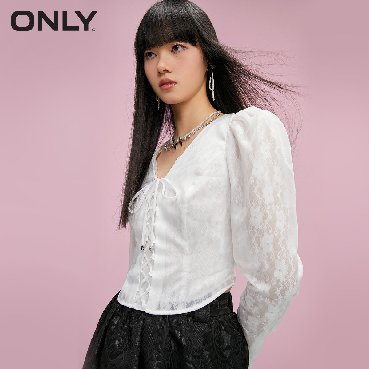 only奥莱春季新款复古轻熟风雪纺衫 ONLYoutlets店蕾丝衫/雪纺衫