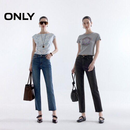 【ONLY奥莱】春夏脚口毛边高腰弹力修身显瘦九分直筒裤牛仔裤女 - 图1