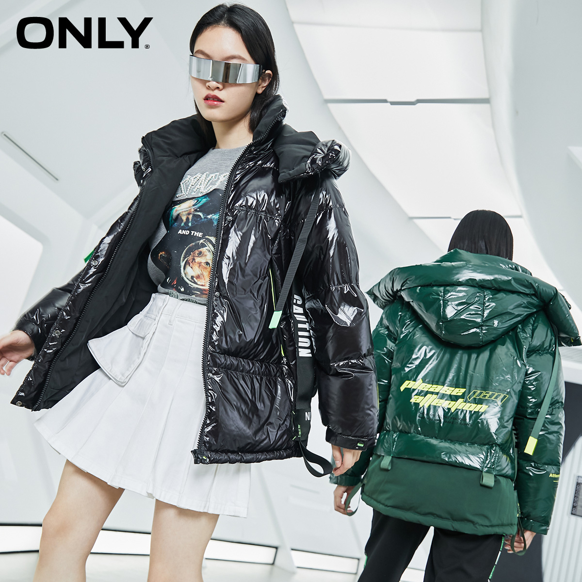 only奥莱秋季亮面拼接抽绳羽绒服 ONLYoutlets店羽绒服